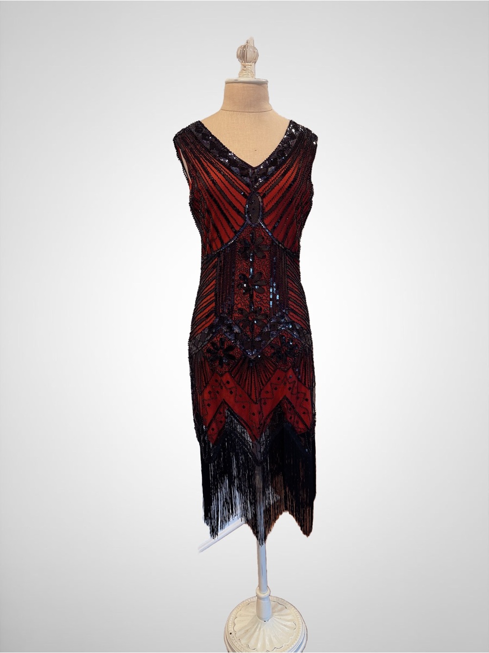 Beaded Red Fringe Midi Dress with Black Embellishment